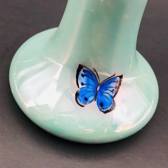 Art Deco Era Noritake Morimura Bud Vase Turquoise Peach Lustreware Butterflies - Picture 8 of 13